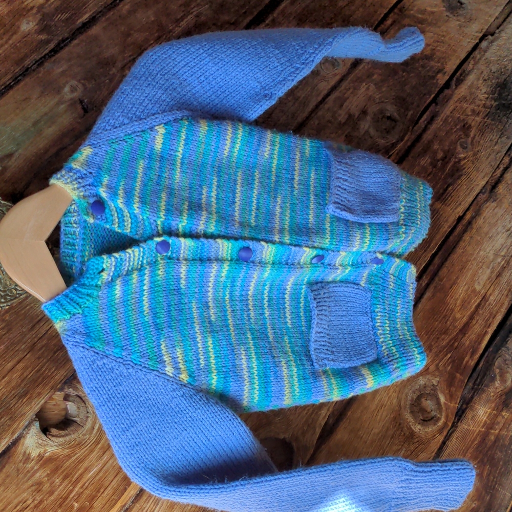 Hand Knit Blue variegated cardigan 5